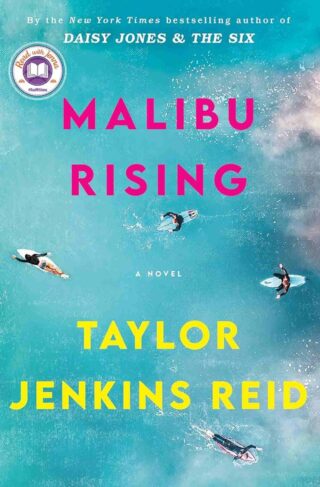 Cover of 'Malibu Rising' by Taylor Jenkins Reid, showcasing surfers on waves with bold title text.