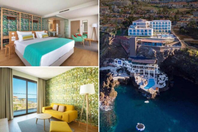 A collage of three hotel photos to stay in Madeira: a contemporary room with bright green accents and sea views, a hotel's cliffside exterior showing its integration with the natural landscape, and a living room with vibrant yellow furnishings and ocean views.