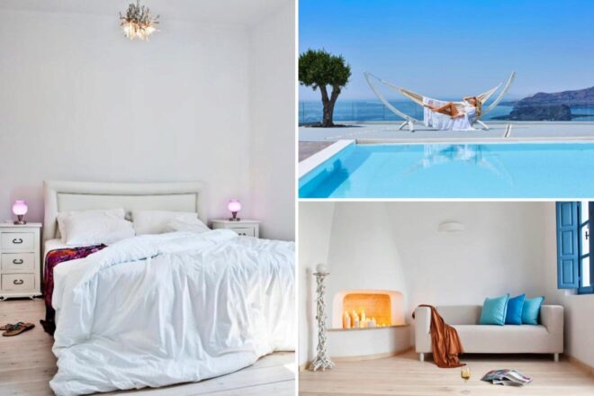 A collage of three hotel photos to stay in Santorini: an inviting bedroom with a plush white bed and pink accent lighting, a person relaxing in a hammock by an infinity pool overlooking the sea, and a cozy lounge area with a white sofa and a lit fireplace.