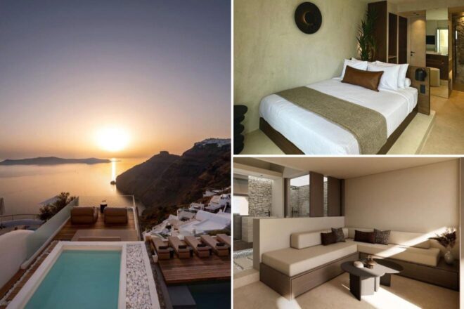 A collage shows a sunset over a sea view with a pool, a modern bedroom, and a contemporary lounge area with neutral decor.
