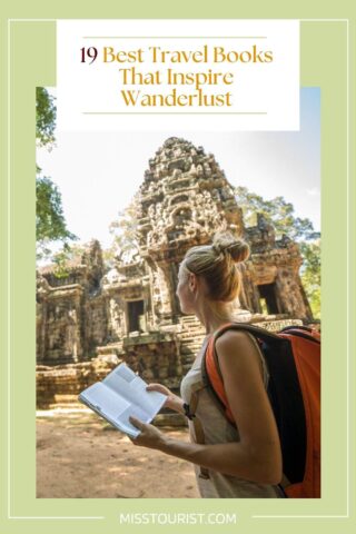 A traveler reads a book from '19 Best Travel Books' list in front of a historic temple, showcased on misstourist.com