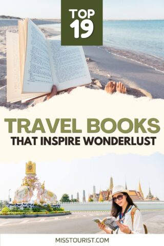 Open travel book on a sunny beach and a tourist reading near Thai landmarks, part of 'Top 19 Travel Books' on misstourist.com