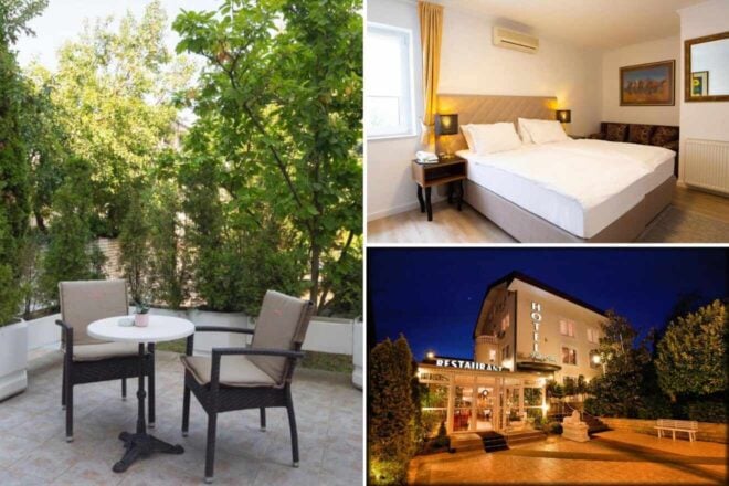 Three images: a patio with two chairs and a table, a hotel bedroom with a large bed, and a hotel entrance at night lit by warm lights.