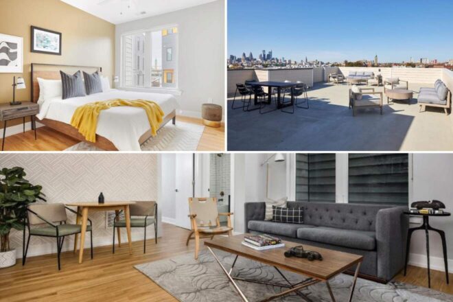 Collage of a modern bedroom, a furnished rooftop patio with city views, and a contemporary living and dining area with wooden floors and neutral decor.