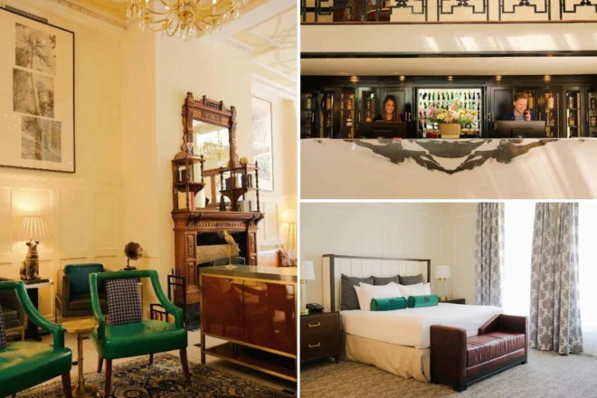 Collage of a hotel lobby with elegant decor, a reception desk with two staff, and a guest room featuring a bed, nightstands, and a bench.