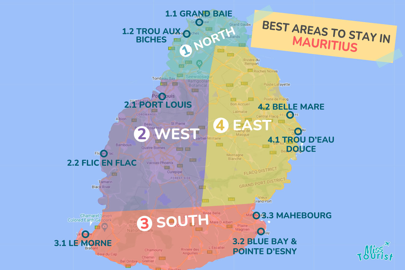A colorful map highlighting the best areas to stay in Mauritius with numbered locations and labels for easy navigations