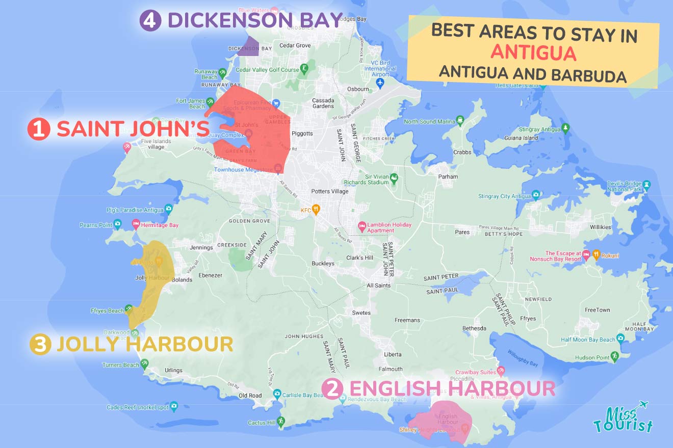 A colorful map highlighting the best areas to stay in Antigua with numbered locations and labels for easy navigations
