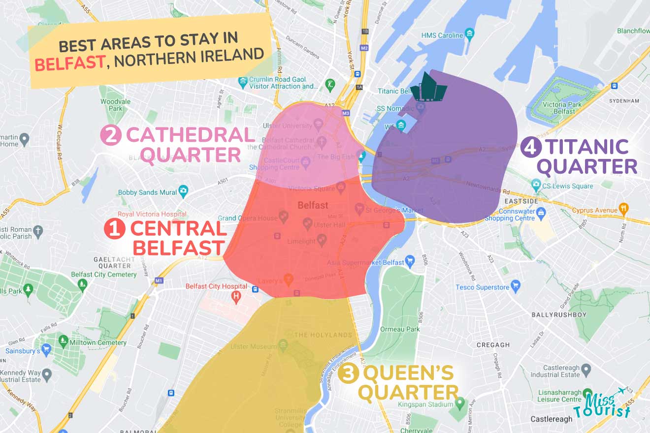 A colorful map highlighting the best areas to stay in Belfast with numbered locations and labels for easy navigation