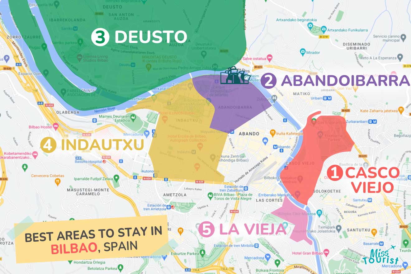 A colorful map highlighting the best areas to stay in Bilbao with numbered locations and labels for easy navigations