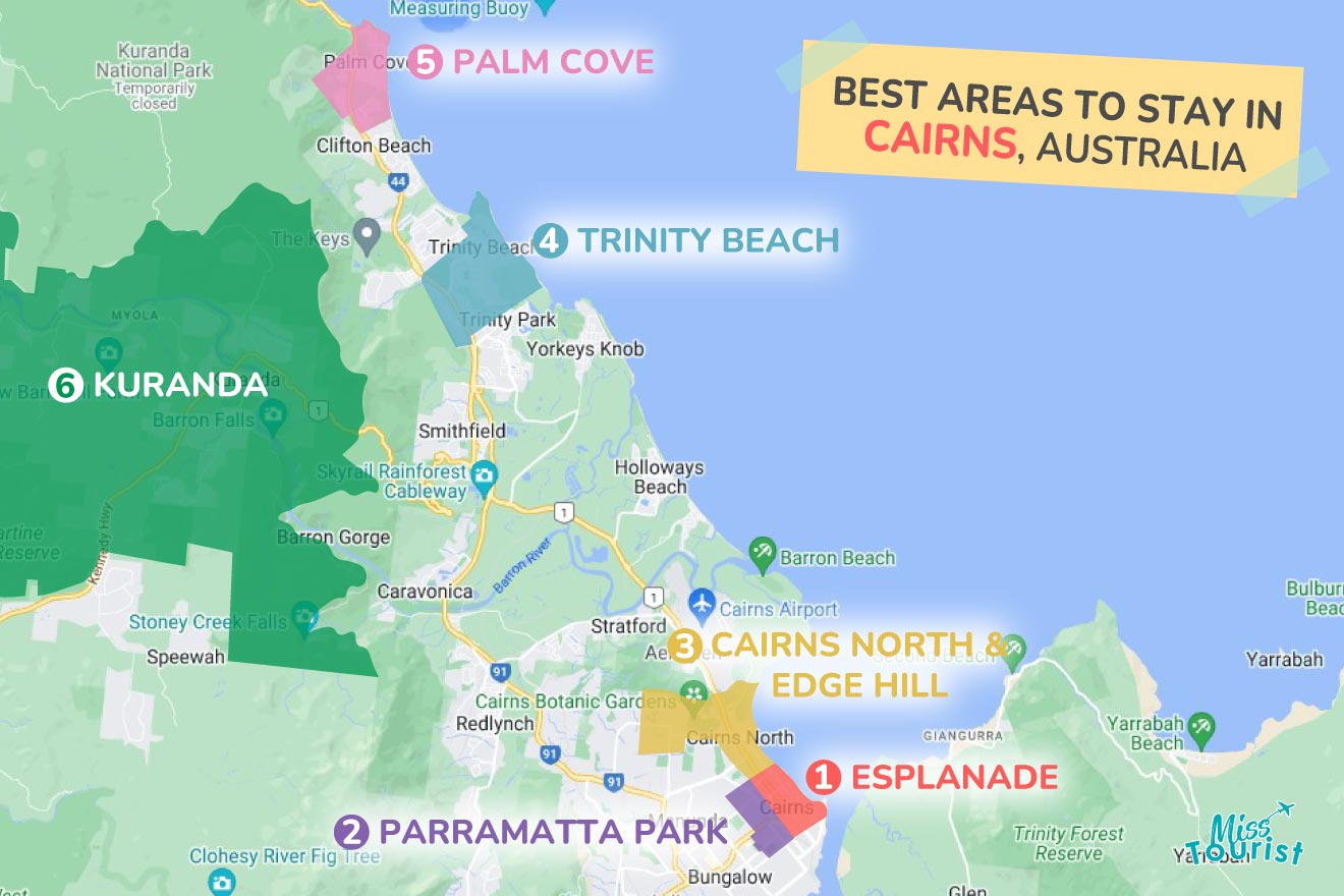 A colorful map highlighting the best areas to stay in Cairns with numbered locations and labels for easy navigations