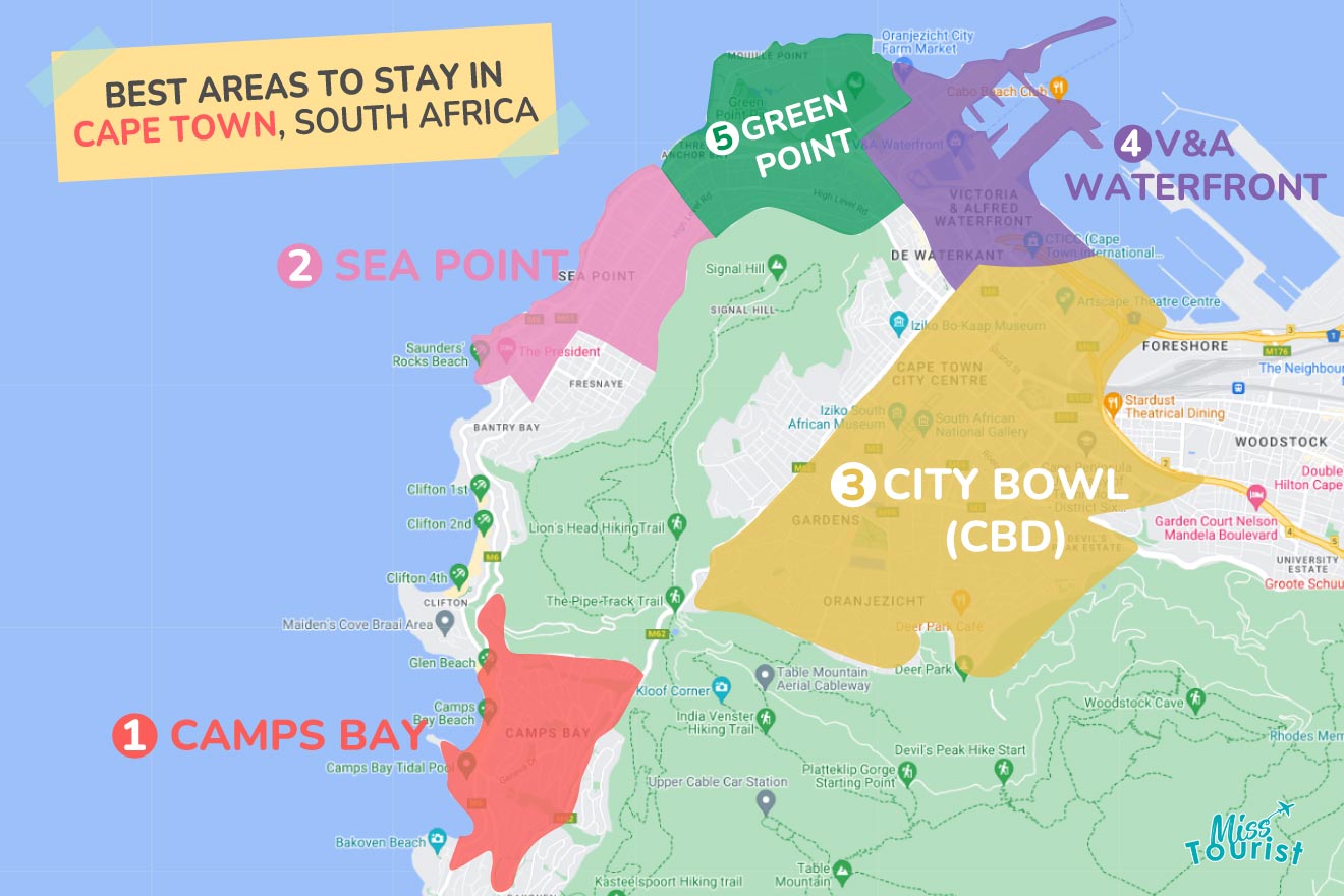 A colorful map highlighting the best areas to stay in Cape-Town with numbered locations and labels for easy navigations