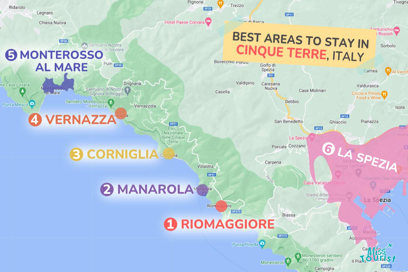 A colorful map highlighting the best areas to stay in Cinque terre with numbered locations and labels for easy navigations