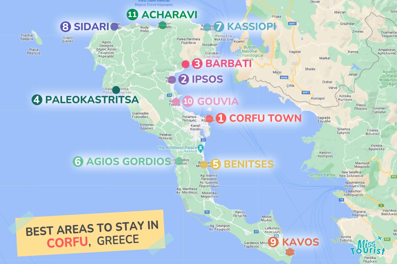 A colorful map highlighting the best areas to stay in Corfu with numbered locations and labels for easy navigation