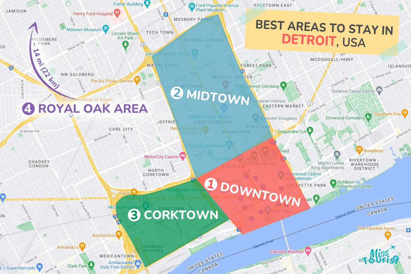 A colorful map highlighting the best areas to stay in Detroit with numbered locations and labels for easy navigations