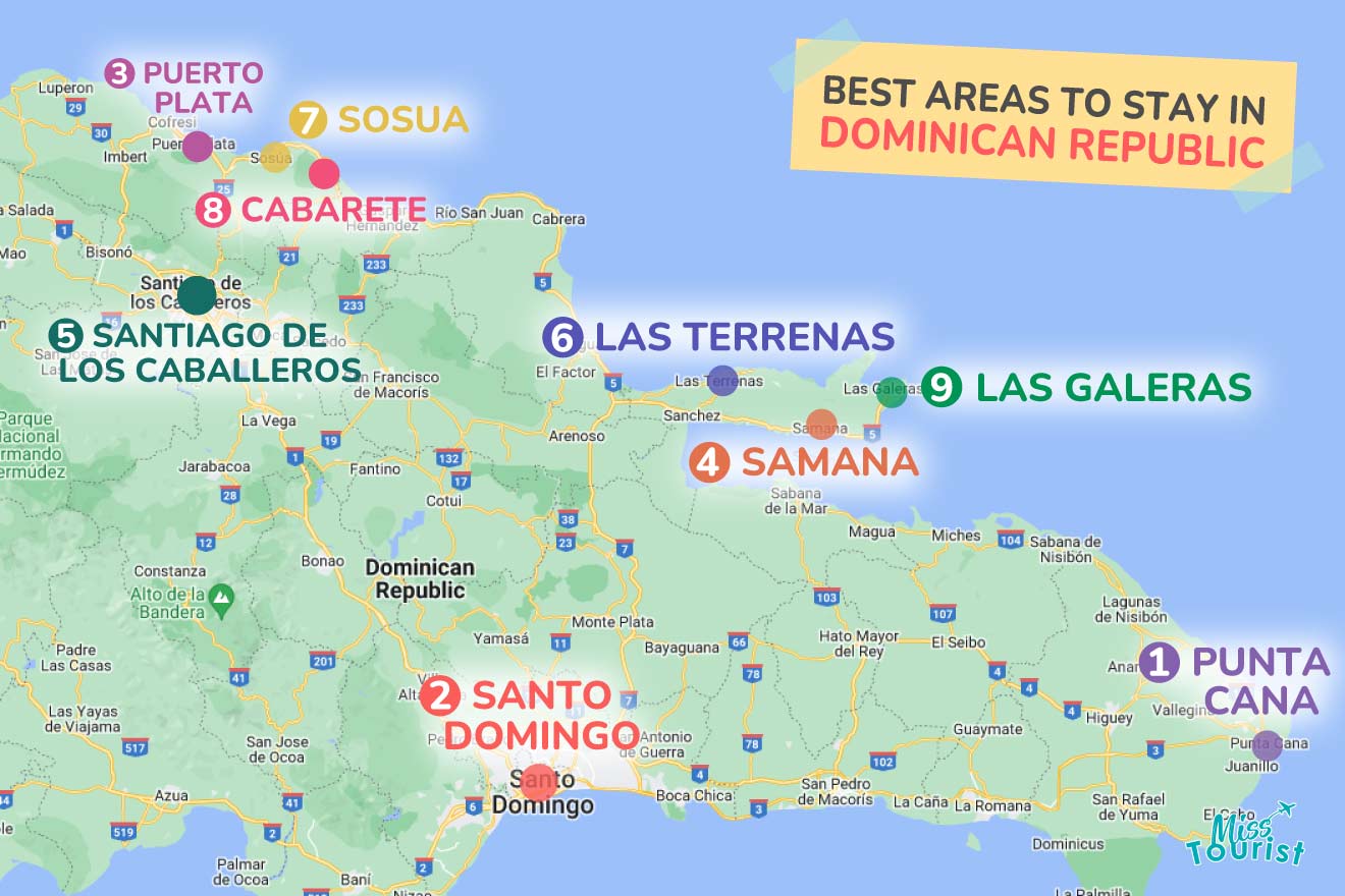 A colorful map highlighting the best areas to stay in Dominican Republic with numbered locations and labels for easy navigations