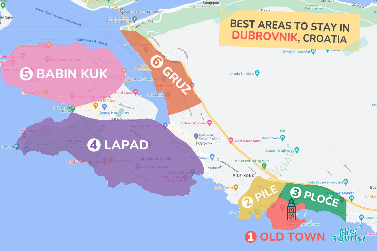 A colorful map highlighting the best areas to stay in Dubrovnik with numbered locations and labels for easy navigation