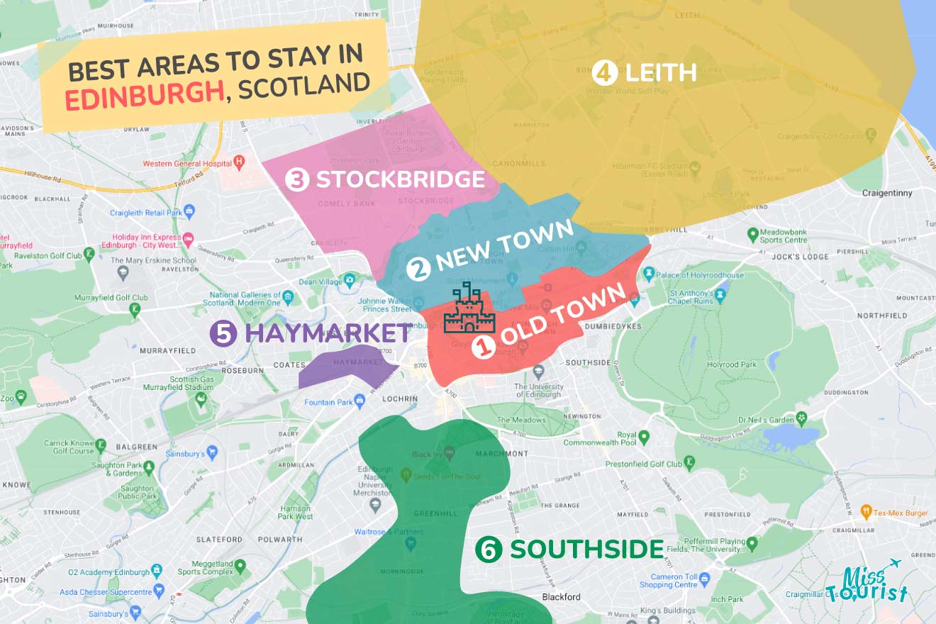 A colorful map highlighting the best areas to stay in Edinburgh with numbered locations and labels for easy navigation