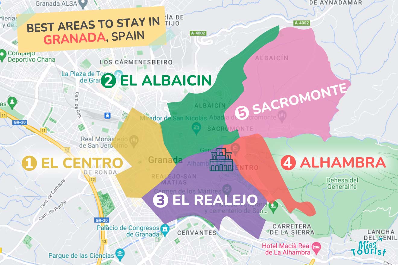 A colorful map highlighting the best areas to stay in Granada with numbered locations and labels for easy navigations