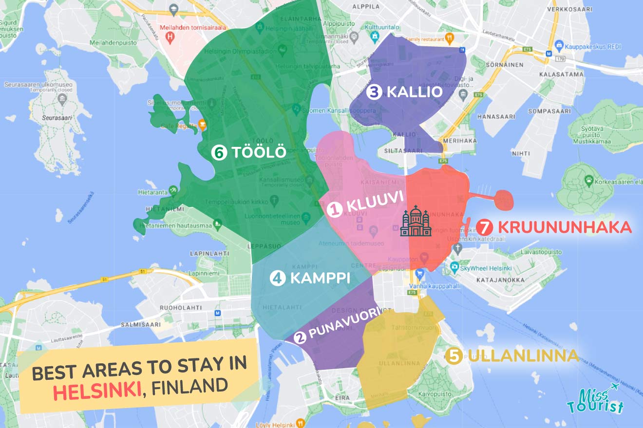 A colorful map highlighting the best areas to stay in Helsinki with numbered locations and labels for easy navigations