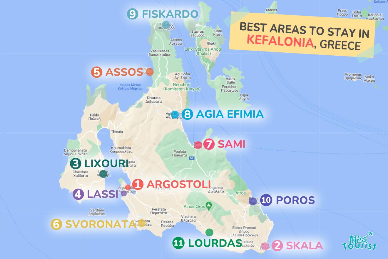 A colorful map highlighting the best areas to stay in Kefalonia with numbered locations and labels for easy navigations