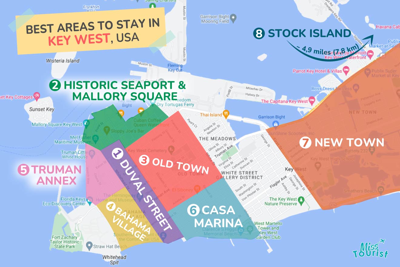 A colorful map highlighting the best areas to stay in Key West with numbered locations and labels for easy navigations