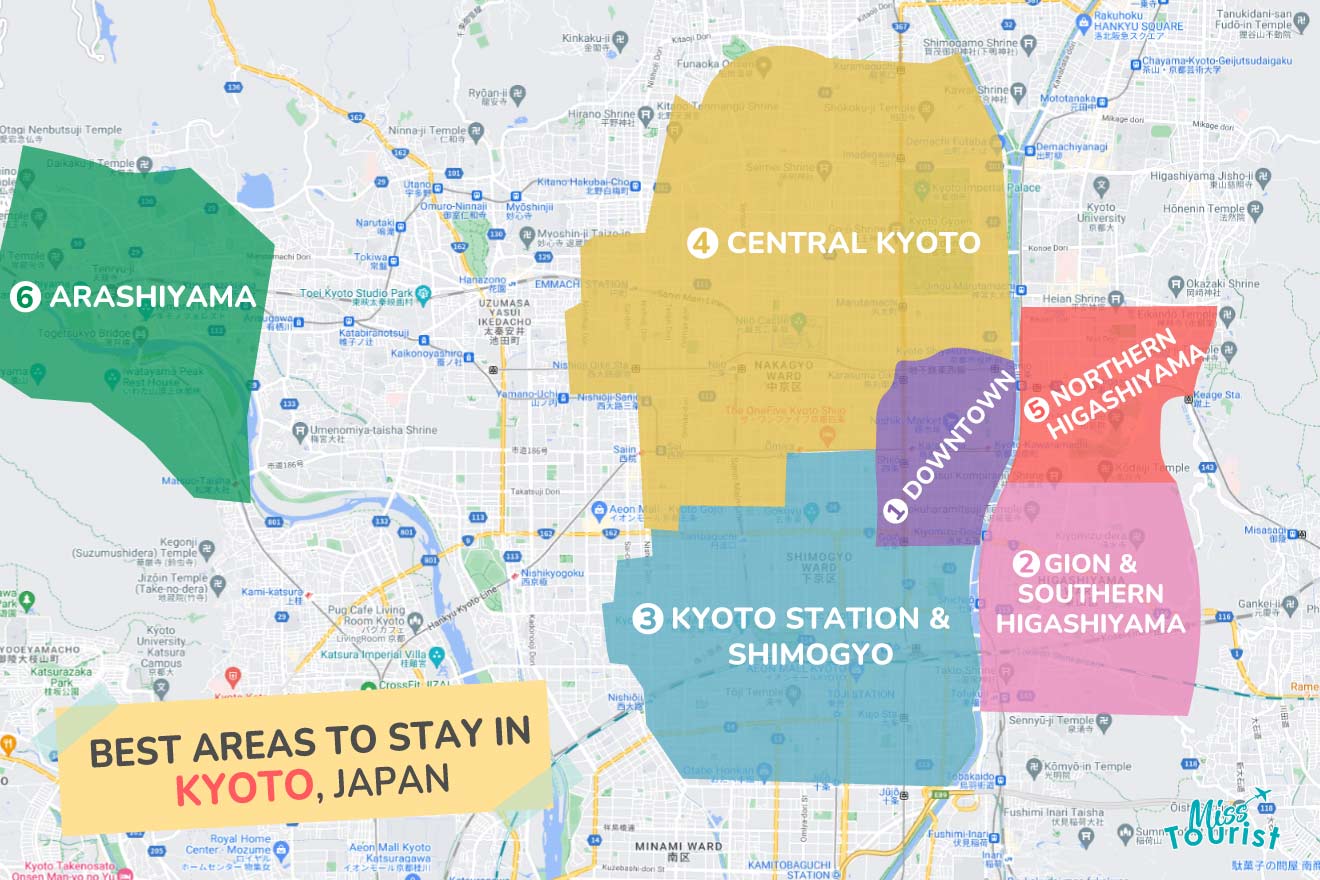 A colorful map highlighting the best areas to stay in Kyoto with numbered locations and labels for easy navigations
