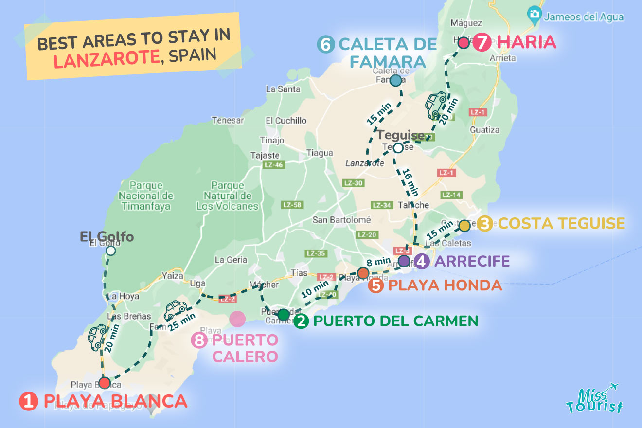 A colorful map highlighting the best areas to stay in Lanzarote with numbered locations and labels for easy navigations