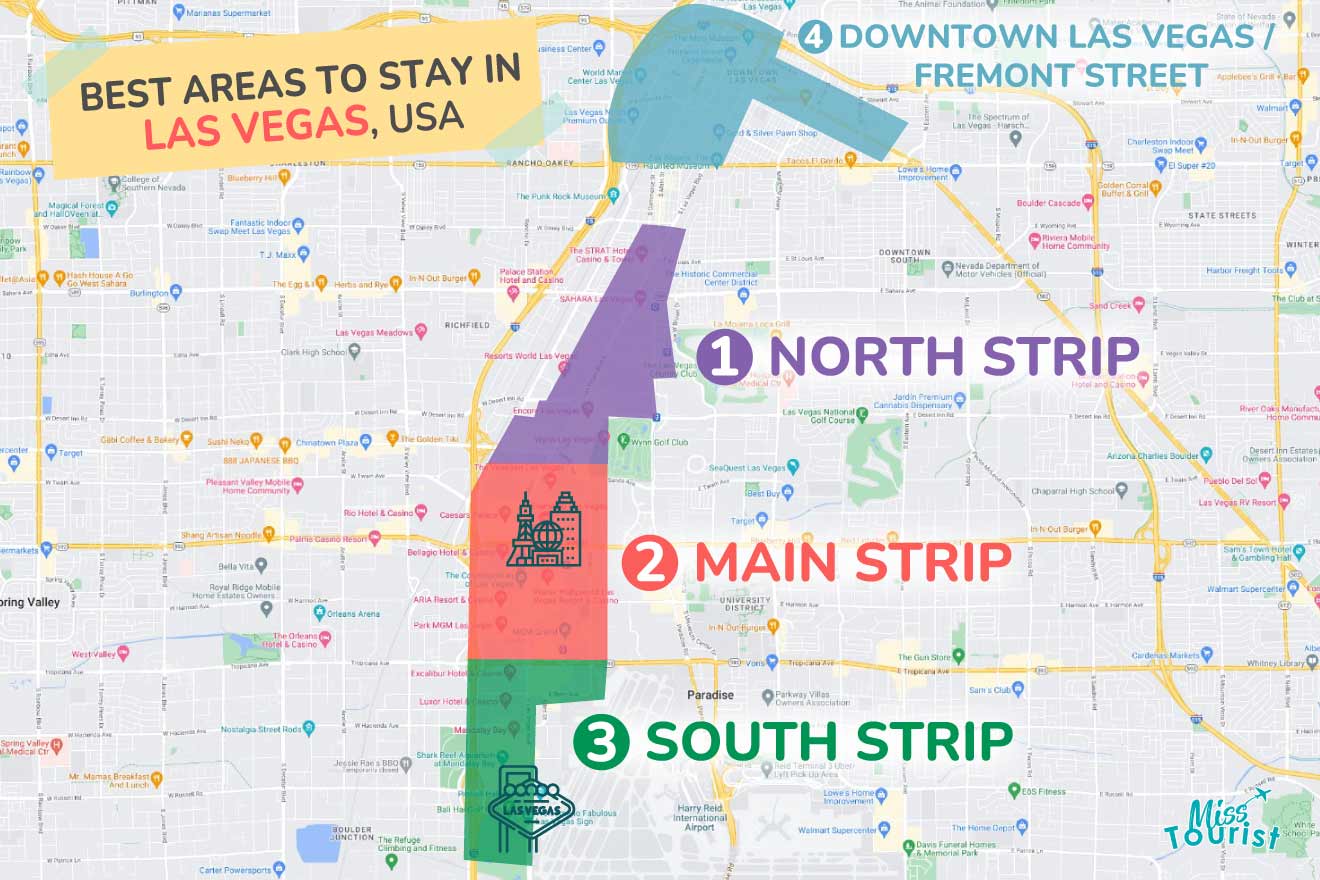 A colorful map highlighting the best areas to stay in Las-Vegas with numbered locations and labels for easy navigations