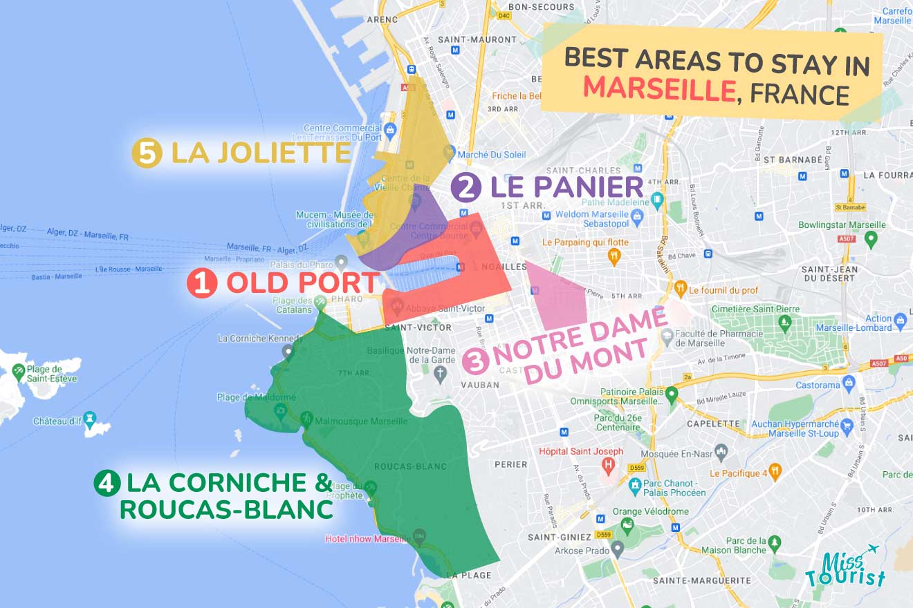 A colorful map highlighting the best areas to stay in Marseille with numbered locations and labels for easy navigations