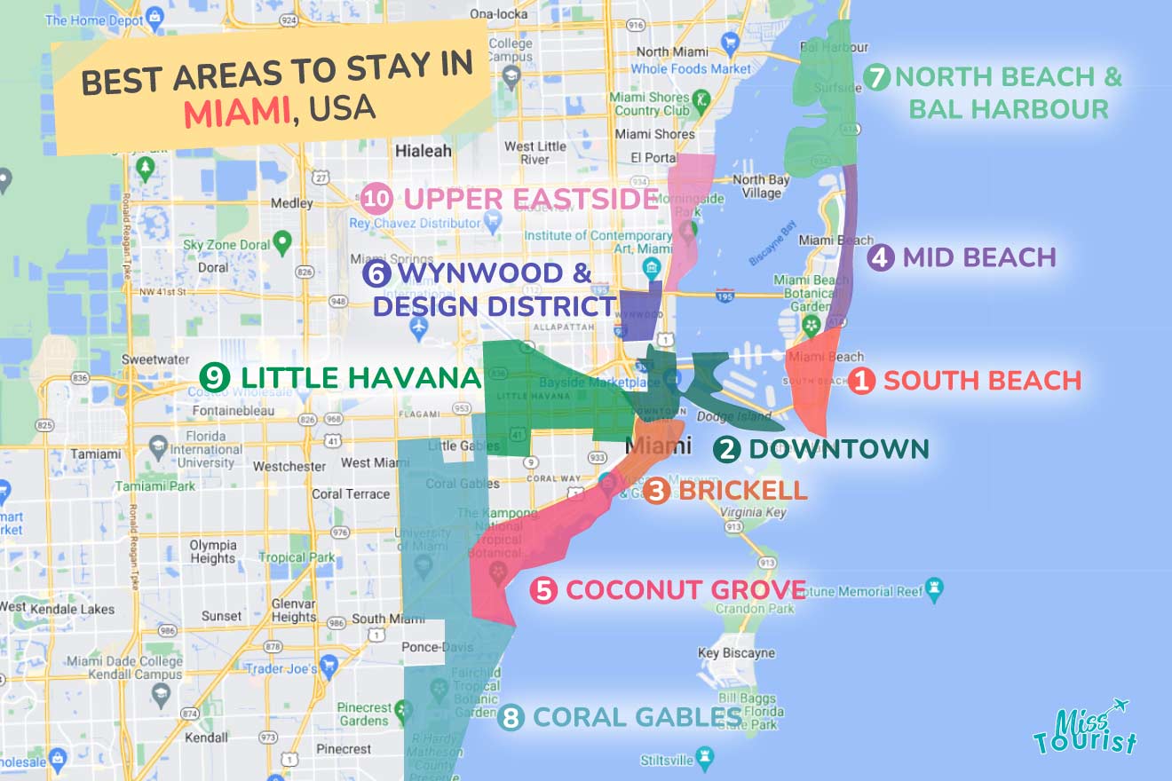 A colorful map highlighting the best areas to stay in Miami with numbered locations and labels for easy navigations