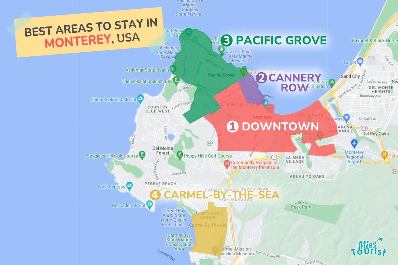A colorful map highlighting the best areas to stay in Monterey with numbered locations and labels for easy navigations