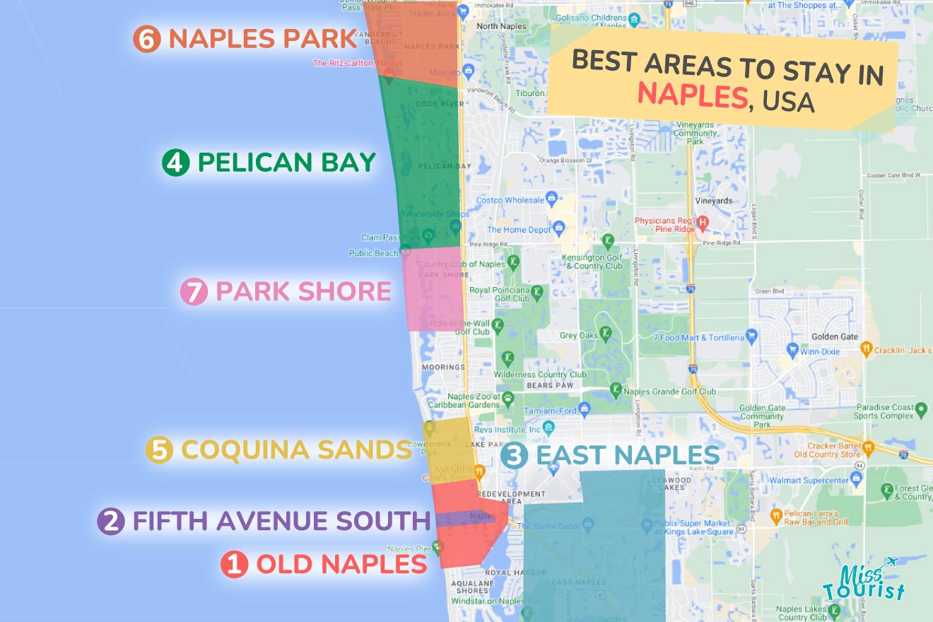 A colorful map highlighting the best areas to stay in Naples Florida with numbered locations and labels for easy navigations