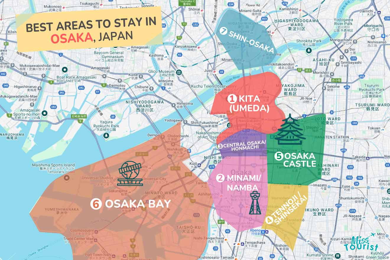 Map showing the best areas to stay in Osaka, Japan highlighted in different colors: Kita (Umeda), Central Osaka Hommachi, Minami/Namba, Osaka Bay, Tennoji/Shinsekai, Osaka Castle, and Shin-Osaka.