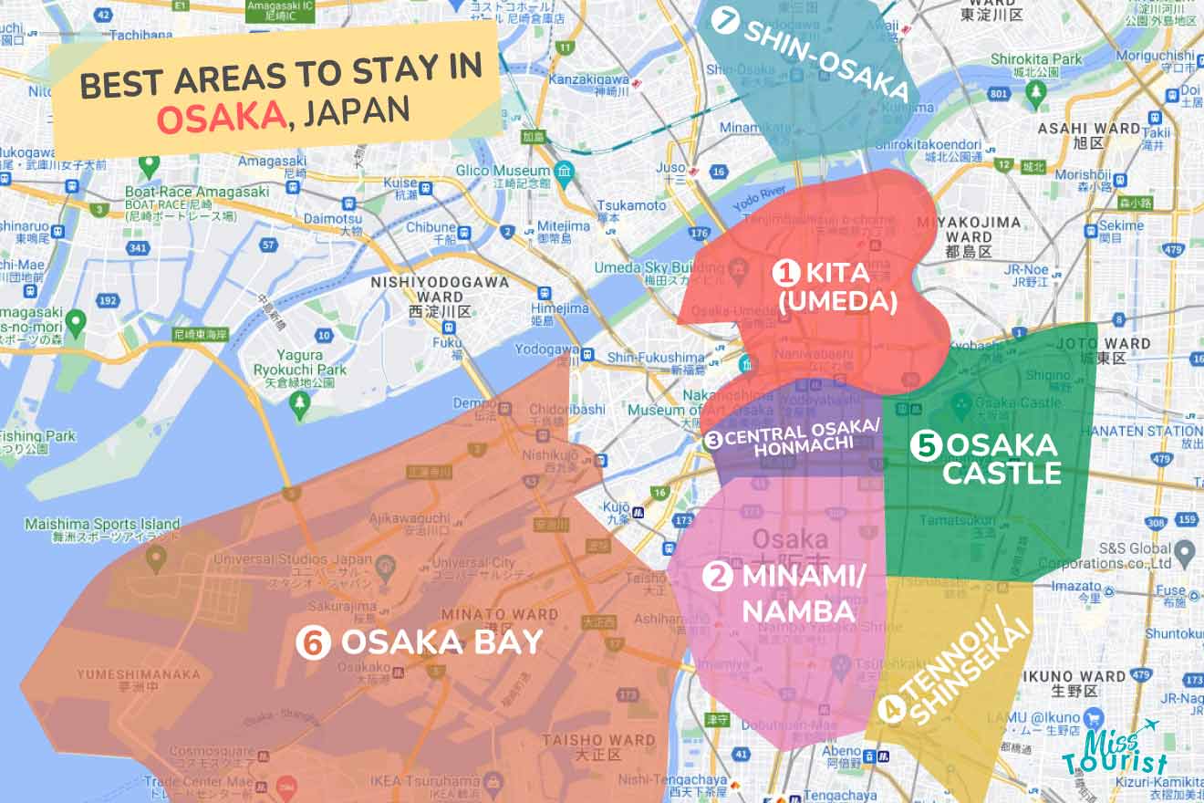 A colorful map highlighting the best areas to stay in Osaka with numbered locations and labels for easy navigations