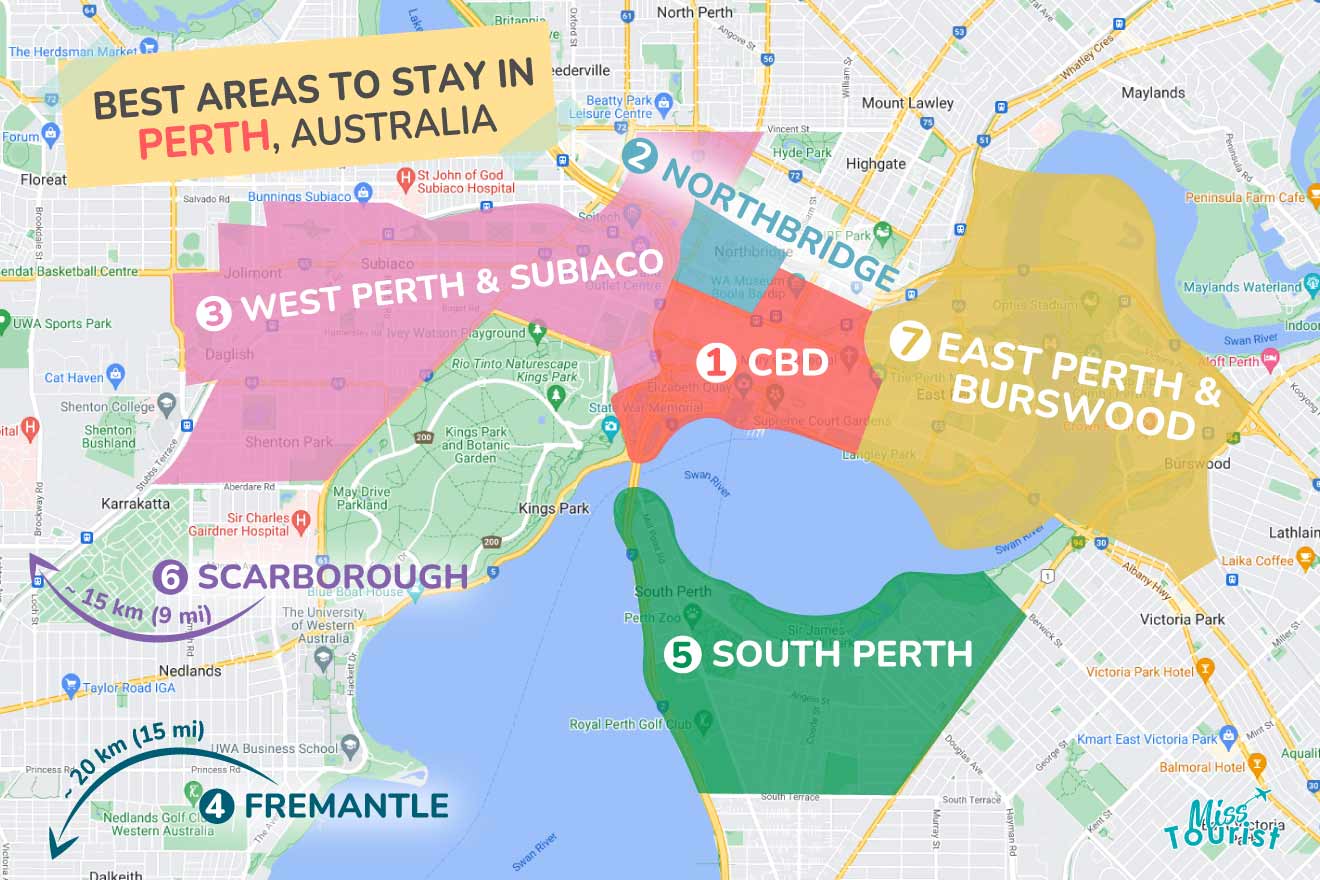 A colorful map highlighting the best areas to stay in Perth with numbered locations and labels for easy navigation