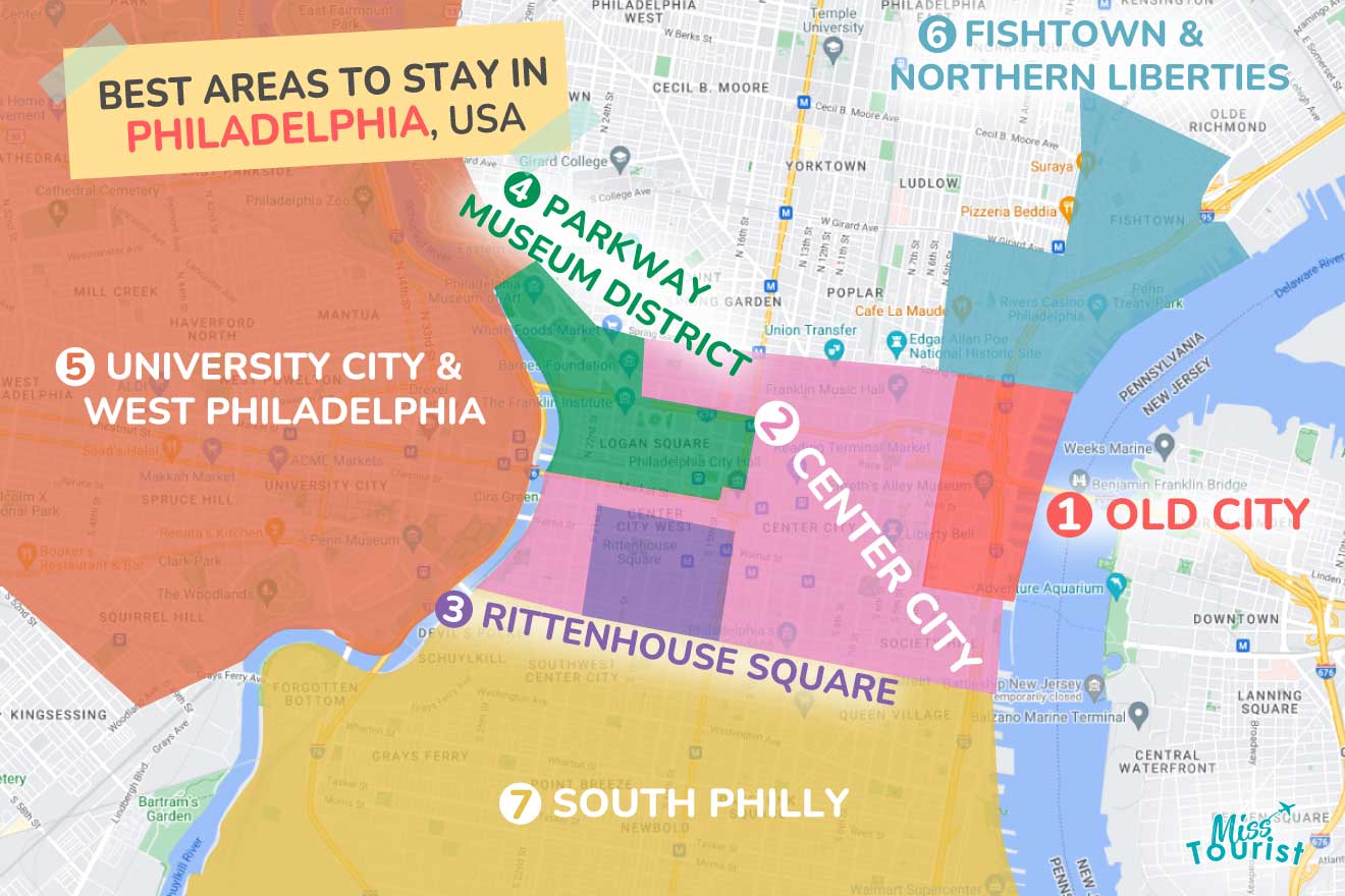 A colorful map highlighting the best areas to stay in Philadelphia with numbered locations and labels for easy navigation