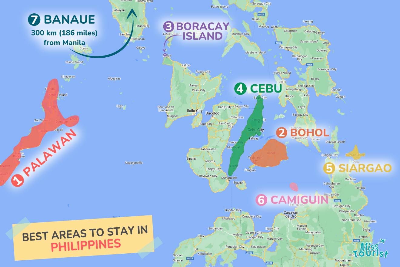 A colorful map highlighting the best areas to stay in Philippines with numbered locations and labels for easy navigations