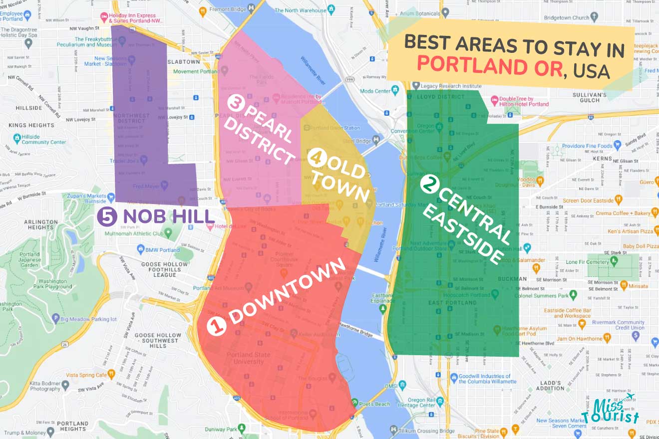 A colorful map highlighting the best areas to stay in Portland-Oregon with numbered locations and labels for easy navigation