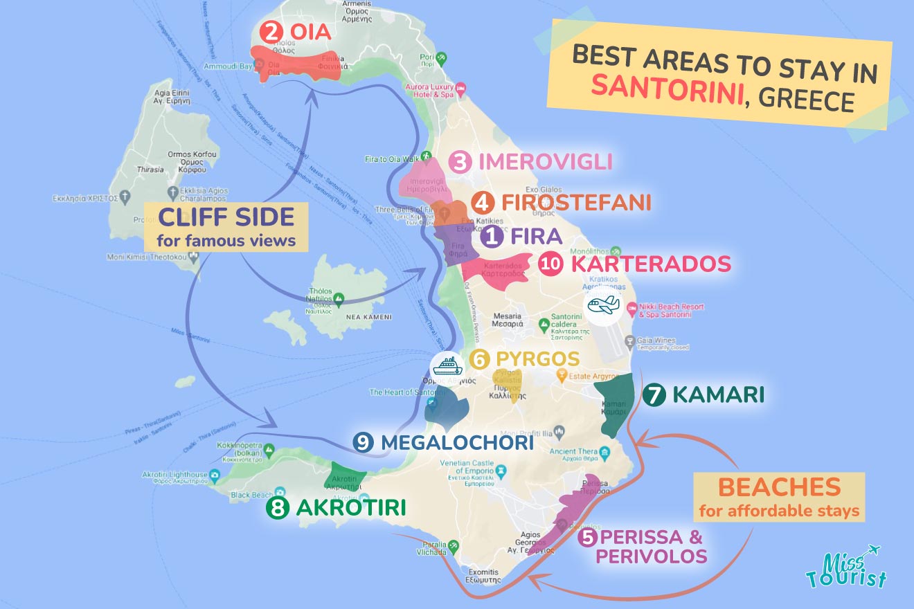 A colorful map highlighting the best areas to stay in Santorini with numbered locations and labels for easy navigations