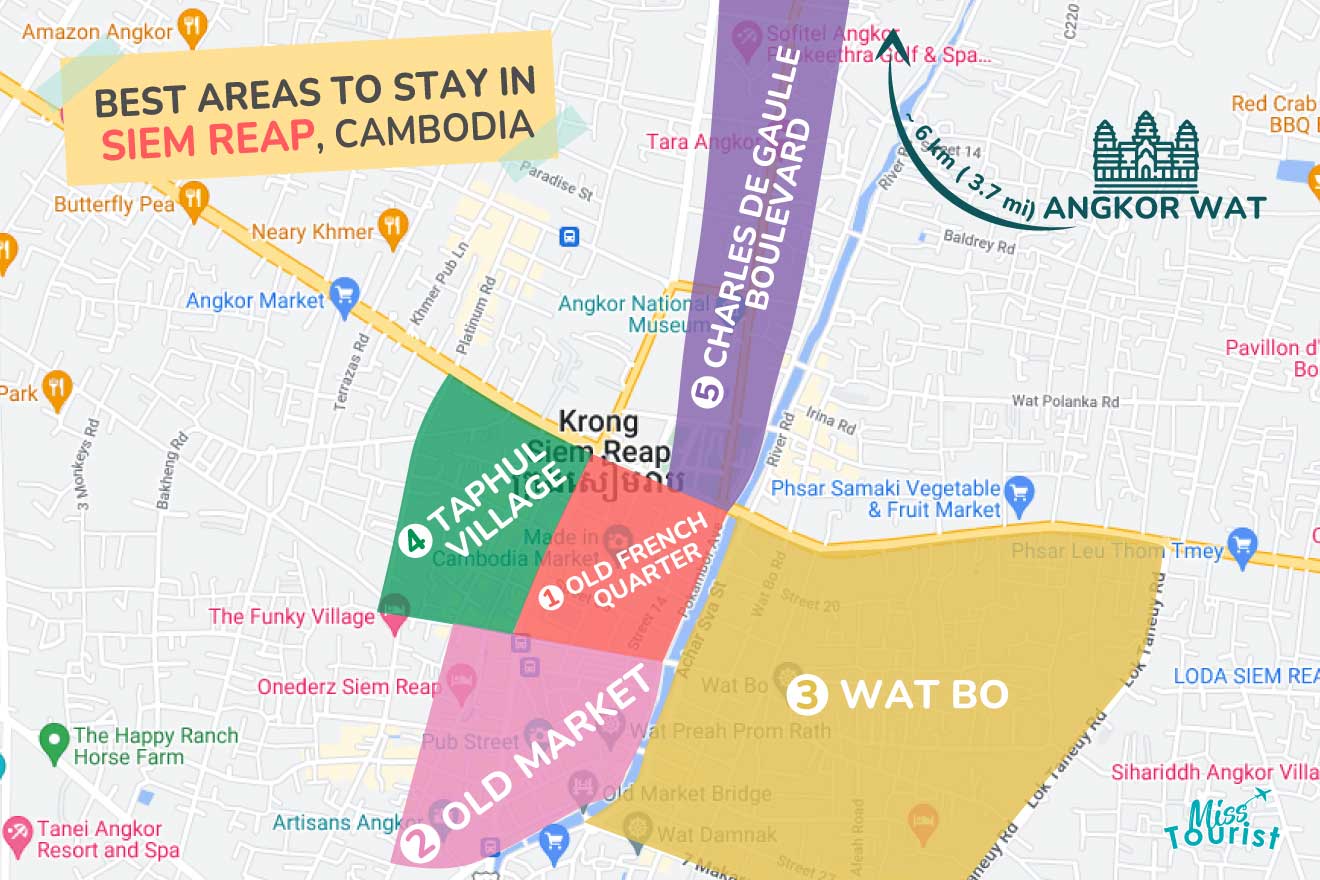 A colorful map highlighting the best areas to stay in Siem-Reap with numbered locations and labels for easy navigations