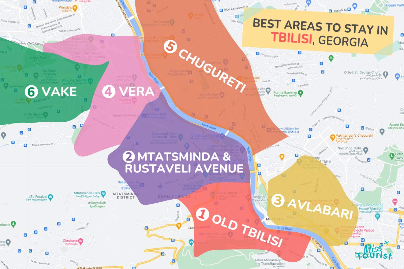 A colorful map highlighting the best areas to stay in Tbilisi with numbered locations and labels for easy navigation