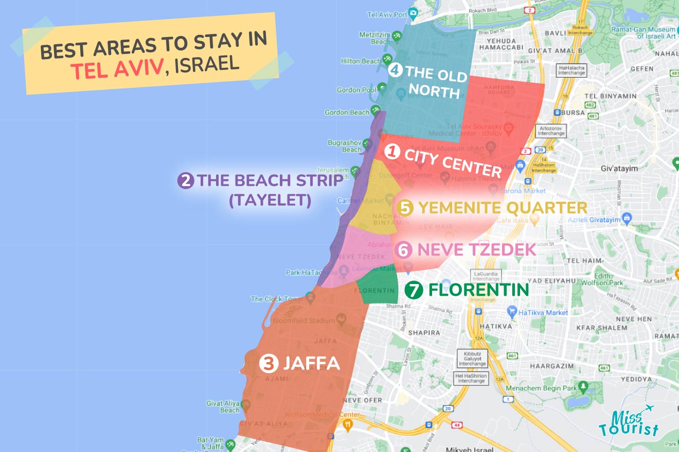 A colorful map highlighting the best areas to stay in Tel-Aviv with numbered locations and labels for easy navigations