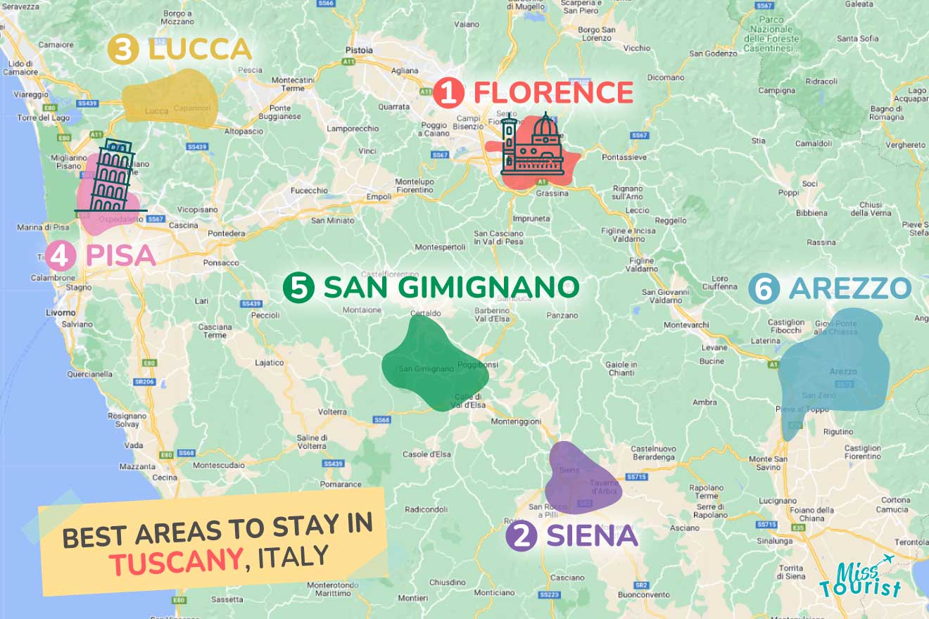 A colorful map highlighting the best areas to stay in Tuscany with numbered locations and labels for easy navigation