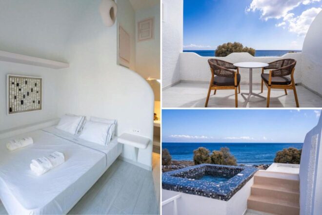 A bright hotel room with a double bed, a balcony with two chairs and a table, and a private outdoor hot tub overlooking the sea.