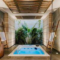 A luxurious spa-like setting with a rectangular indoor jacuzzi 