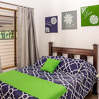 A neatly made bed with a geometric navy and white bedspread, complemented by green accents, sits beside a window with closed gray curtains. Three floral-themed artworks hang above the bed.