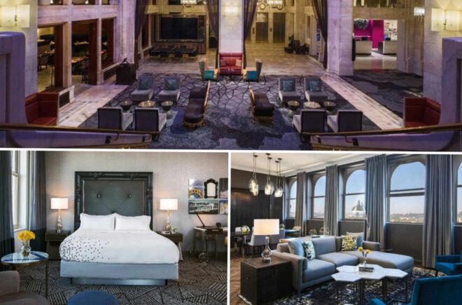 A collage of three hotel photos to stay in Pittsburgh: an elegant hotel lobby with plush seating and a grand staircase, a chic bedroom with a luxurious king-sized bed, and a stylish living area with panoramic city views.