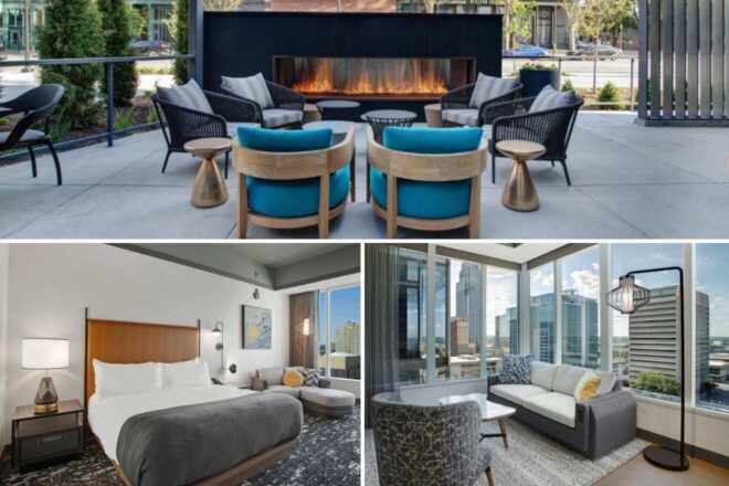 A collage of three hotel photos to stay in Omaha: a modern outdoor seating area with a fireplace and stylish furniture, a cozy hotel room with a large bed and contemporary decor, and a corner lounge area with city skyline views through large windows.