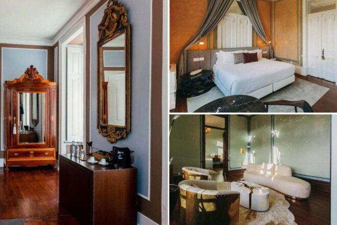 A collage of three hotel photos: an elegant room with antique wooden furniture and a large mirror, a cozy bedroom with a canopy bed, and a stylish seating area with plush white chairs and a round table.