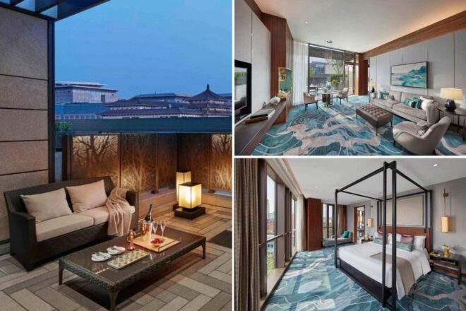 A cozy outdoor seating area with a view of traditional Chinese architecture, an elegantly furnished modern living room with artistic decor, and a spacious bedroom with a canopy bed and contemporary design.